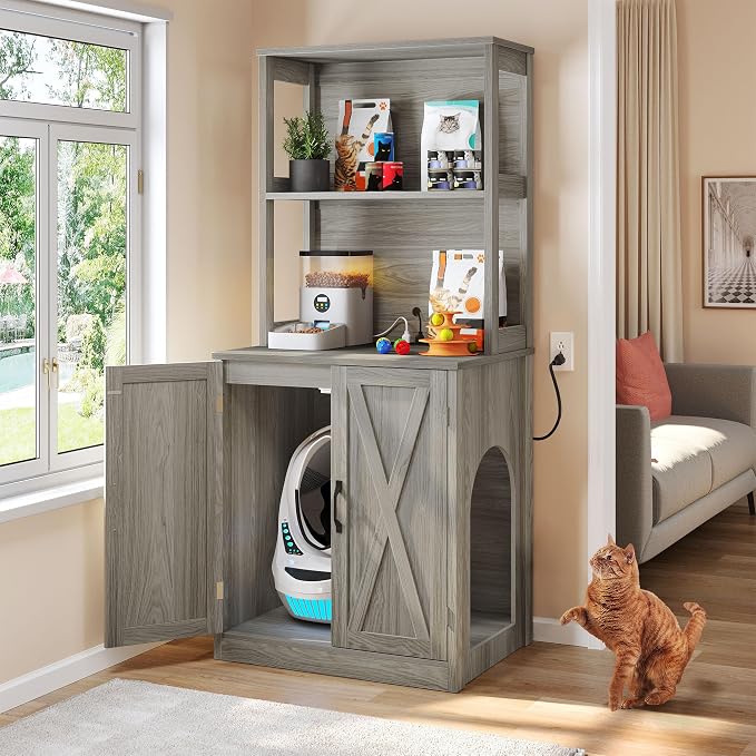 DWVO Large Hidden Litter Box Furniture with Shelves and Charging Station | Wooden Enclosure for Self-Cleaning Litter Boxes, Grey - Image 9