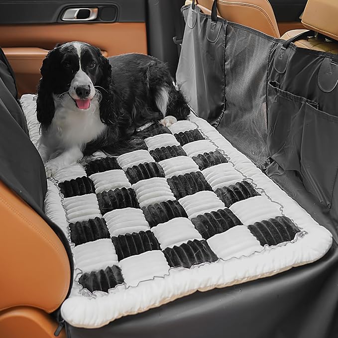 Backseat Dog Bed Mat for Car, Non-Slip Dog Bed for Car Back Seat, Soft & Cozy Dogs Blanket, Washable Travel Pet Mat Seat Protector for Cars, SUVs, Trucks (Black/White, 59"L x 27.5"W x 1.5"Th) by HiPetpy