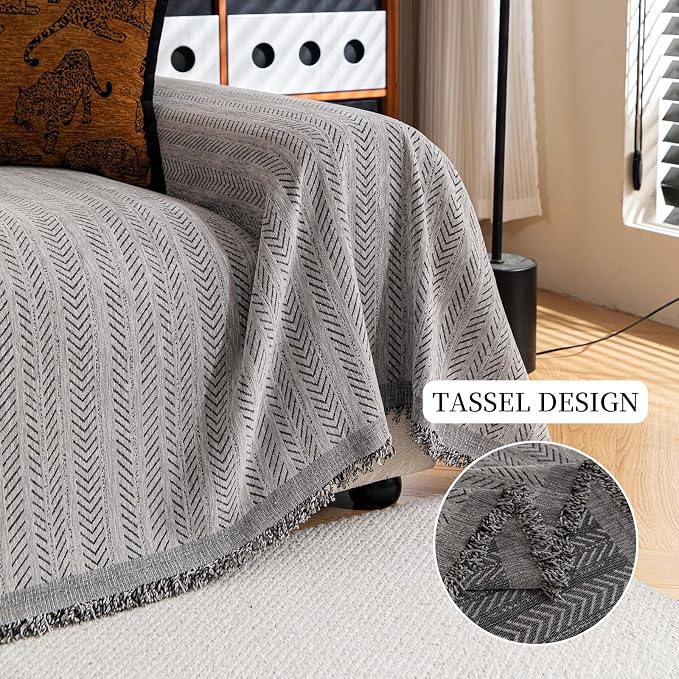 Dark Grey Sofa Covers Sectional Couch Cover Slipcovers Furniture Protector for Pets Kids, Chenille Strip Couch Throw Blankets Tassels Edge for 3 Cushion Couch, 71"x134" - Image 3