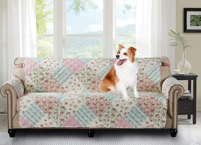 Brilliant Sunshine Pink and Green Rose Patchwork Couch Cover, Quilted X-Large Sofa Slipcover, 78" Seat Width, Slip Resistant Furniture Protector, 2" Strap, Washable Couch Cover for Pets, Pink Green | Non Slip Sofa Cover, Living Room Quilted Furniture P... by BrilliantSunshine