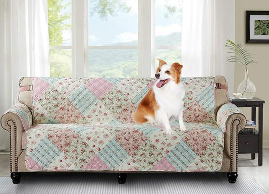 Brilliant Sunshine Pink and Green Rose Patchwork Couch Cover, Quilted X-Large Sofa Slipcover, 78" Seat Width, Slip Resistant Furniture Protector, 2" Strap, Washable Couch Cover for Pets, Pink Green | Non Slip Sofa Cover, Living Room Quilted Furniture P... by BrilliantSunshine