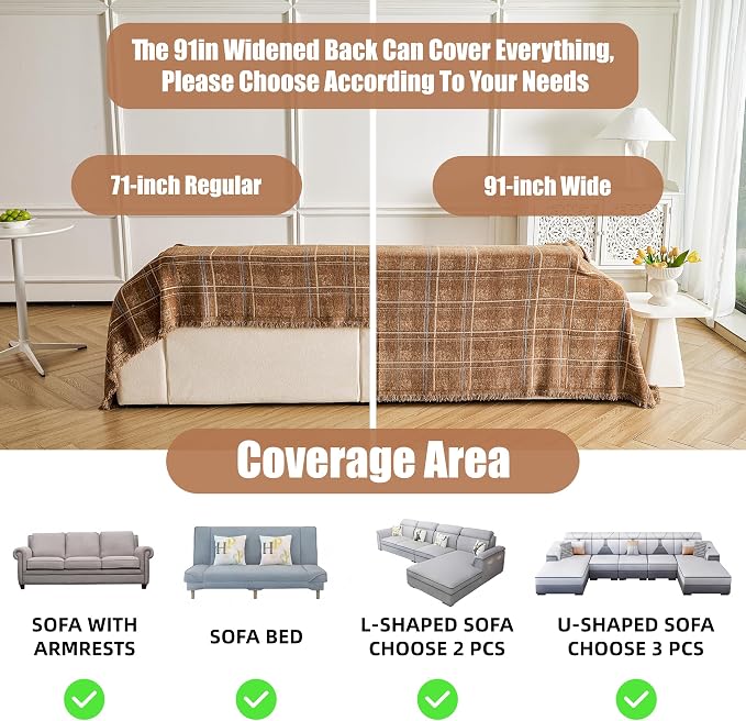 Couch Cover for Dogs Washable Sofa Cover, Sectional Couch Covers, Sofa Covers for 2 Cushion Couch, Non Slip Stripe Sofa Slipcovers Furniture Protector (Brown Checkered 71x150) - Image 3