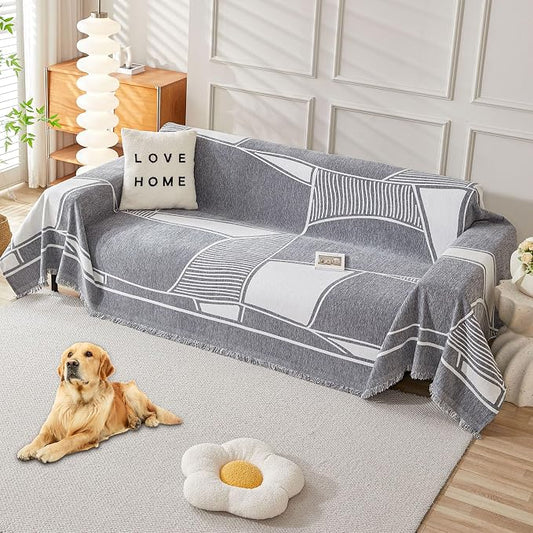 HAOMAIJIA Non Slip Couch Cover Sofa Covers for 3 Cushion Couch Washable sectional Couch Covers for Dogs pet Furniture Protector Couch Cover Blanket for Living Room (Grey-Cream, 91"x134") by HAOMAIJIA