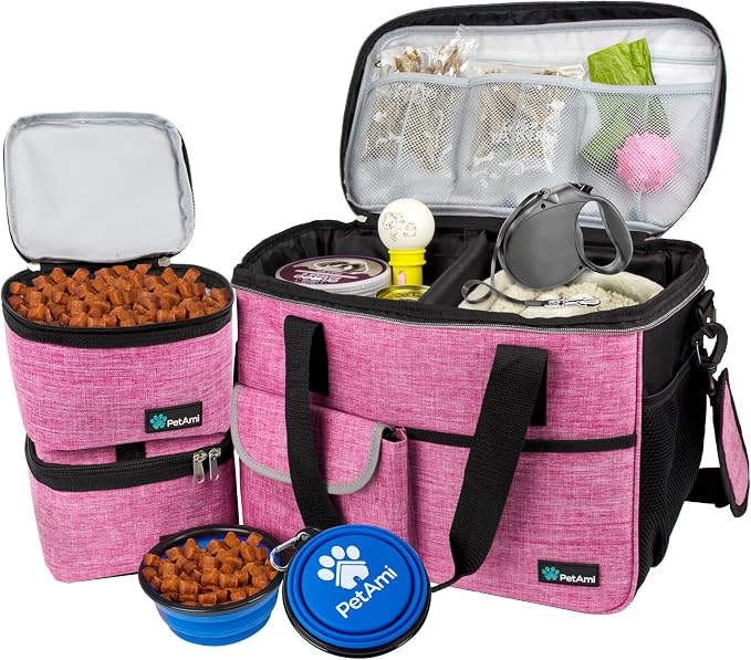 PetAmi Dog Travel Bag Organizer, Pet Travel Kit with 2 Food Containers & 2 Collapsible Dog Bowls, Pet Supplies Tote with Luggage Sleeve, Weekend Road Trip Camping Essentials, Pink, Medium by PetAmi