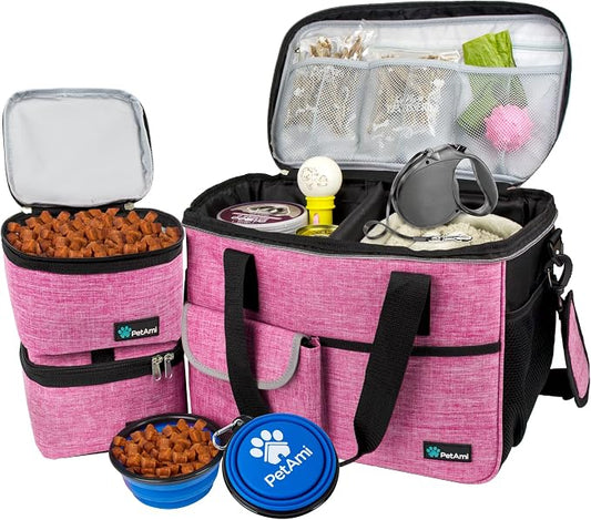 PetAmi Dog Travel Bag Organizer, Pet Travel Kit with 2 Food Containers & 2 Collapsible Dog Bowls, Pet Supplies Tote with Luggage Sleeve, Weekend Road Trip Camping Essentials, Pink, Medium by PetAmi