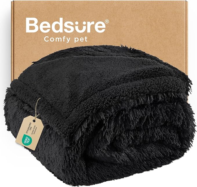 Bedsure Waterproof Dog Blankets for Large Dogs, Fluffy Faux Fur, 50×60" | Plush Fuzzy Reversible Pet Blankets for Couch and Dog Bed, Soft Calming Throw Cat Blanket Washable, Dog Gift, Black by Unknown