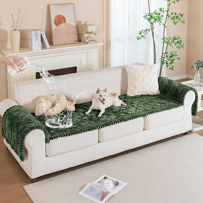 PuTian 100% Waterproof Fuzzy Couch Cover for Dogs Green 27.6"x27.6" | Pet Friendly Dog Mat for Couch, Waterproof Sofa Protector, Scratch Resistant Furniture Cover for Dogs, Machine Washable - Image 2