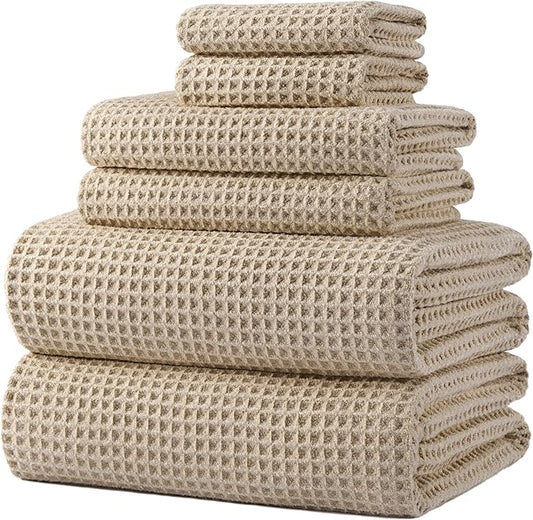 POLYTE 430 GSM Microfiber Quick Dry Lint Free Oversize Bath Towel Set, 6 Piece (Waffle Weave) by Polyte