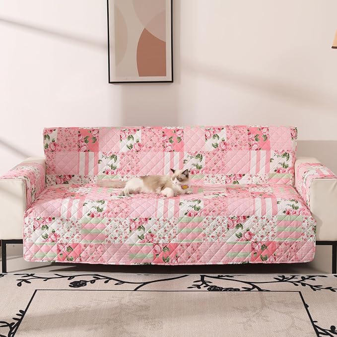 Skidproof Sofa Cover-Floral Sofa Slipcover with Elastic Straps-Easy Fit Slip Cover-Washable Furniture Protector for Pets and Kids(Loveseat,Pink) - Image 2