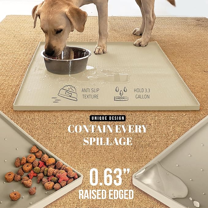 AVERYDAY 100% Waterproof Thicker Silicone Dog Food Mat, 0.63'' Raised Edge Bowl Mat for Food & Water, Non Slip Pet Feeding Placemat for Messy Drinkers, Perfect for Large Medium Small Breeds, 32"x24" - Image 3