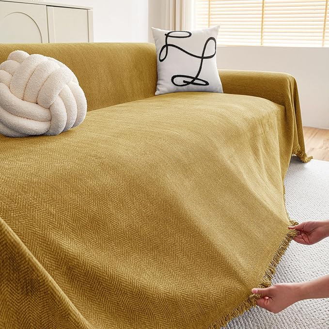 hyha Couch Cover for Dogs, Boho Chenille Sofa Cover for 3 Cushion Couch | Anti-Scratch Washable Sofa Slipcover, Loveseat Sectional Couch Throw Blankets with Tassels (Yellow, 71x102 Inch) - Image 5