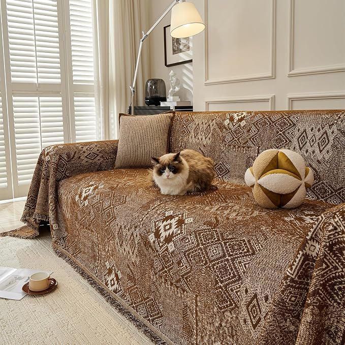 DREAMINGO Chocolate Brown Couch Protector Boho Sofa Covers for 3 Cushion Couch Geometric Jacquard Soft Chenille Furniture Cover for Dogs Washable Vintage Sofa Slipcovers for Sectional, 71"x134" - Image 3