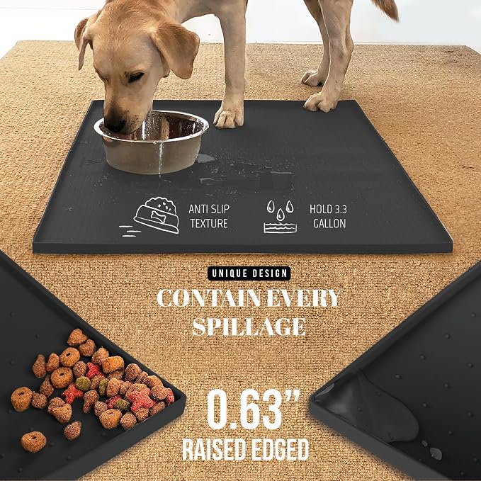 AVERYDAY 100% Waterproof Thicker Silicone Dog Food Mat, 0.63'' Raised Edge Bowl Mat for Food & Water, Non Slip Pet Feeding Placemat for Messy Drinkers, Perfect for Large Medium Small Breeds, 32"x24" - Image 3
