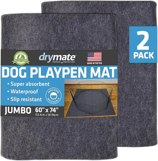 Drymate 2-Pack Jumbo Dog Playpen Mat (60x74), Absorbent, Waterproof, Slip-Resistant, Machine Washable, Reusable Puppy Pad for Training, Whelping, Housebreaking, Incontinence, Crate, Kennel (USA Made) by Drymate