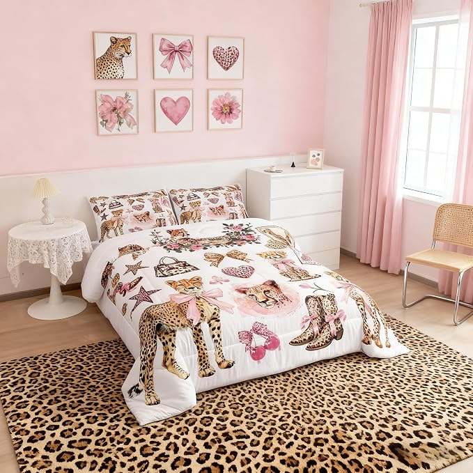Manfei Cartoon Cheetah Boots Comforter Set Toddler Size,Girly Bow Cute Bedding Set for Kids Girls Boys Room Decor,Modern Fashion Leopard Soft Duvet Insert for All Season,1 Pillowcase,Pink White Brown by Manfei