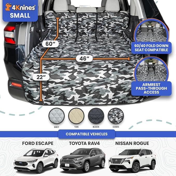4Knines Split Cargo Liner for SUV – for Dogs & Pets, Heavy-Duty, Waterproof Trunk Mat & Cargo Cover – Fits 60/40 Split Bench & Armrest Pass-Through – Machine Washable, Non-Slip, Durable (Small, Camo) - Image 2
