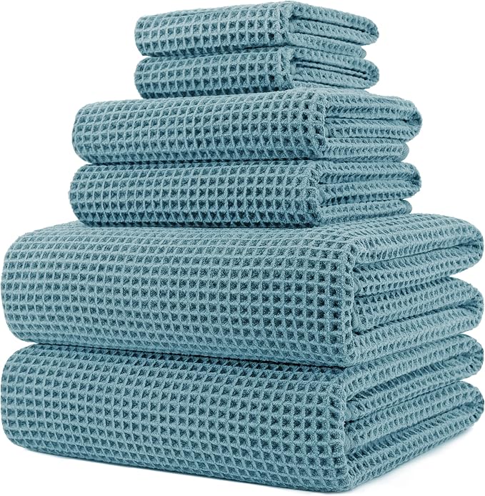 POLYTE 430 GSM Microfiber Quick Dry Lint Free Oversize Bath Towel Set, 6 Piece (Waffle Weave) by Polyte