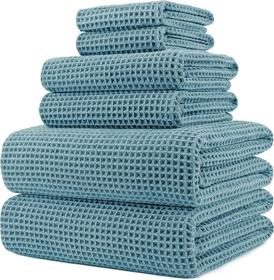 POLYTE 430 GSM Microfiber Quick Dry Lint Free Oversize Bath Towel Set, 6 Piece (Waffle Weave) by Polyte
