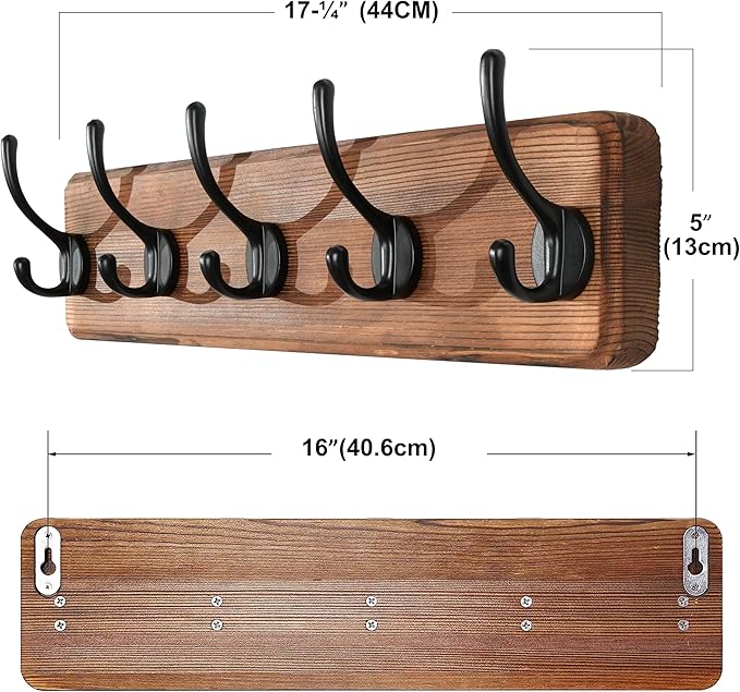 SKOLOO Rustic Wall Mounted Coat Rack, Case of 2, Pine Solid Wood Coat Hook Hanger - 5 Hooks for Hanging Clothes Robes Towels Coats - Image 6