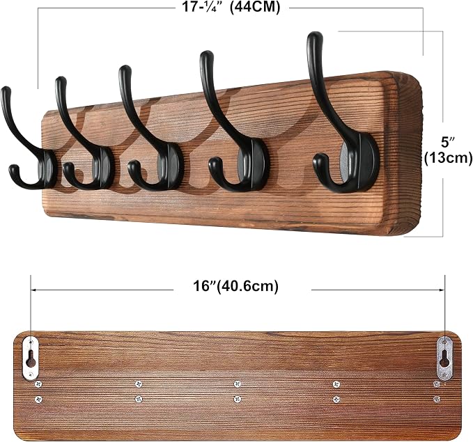 SKOLOO Rustic Wall Mounted Coat Rack with 16 Inch Mounting Hole Distance, Pine Solid Wood Coat Hook Hanger - 5 Hooks for Hanging Clothes Robes Towels Coats - Image 6