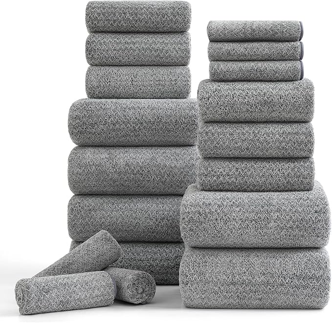 Ycosy 18 Piece Bath Towels Set,100% Microfiber Family Bathroom Towel with Hanging Loops-6 Bath Towels,6 Hand Towels,6 Washcloths,Quick Dry Highly Absorbent Shower Towel for Bathroom,Hotel,Spa-Grey by Ycosy