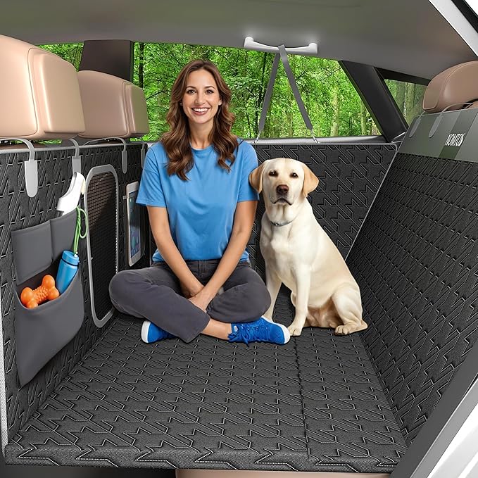 Upgraded Durable Hard Bottom Dog Car Seat Cover with EPE Sponge Cushion,Foldable Dog Rear Seat Protector,Waterproof Dog Hammock for Car, Seamless Dogs Back Seat Extender for Car SUV Truck(L) by NOMTOS
