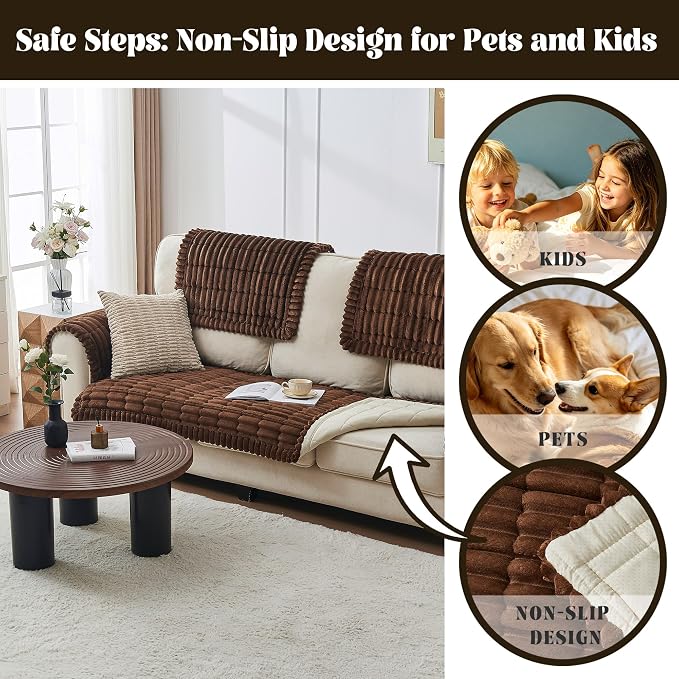 beeweed Couch Covers for Sofa, Couch Covers for Dogs Washable, Non Slip Plush Sofa Slipcovers, Couch Furniture Protector Pet Friendly, Brown, 27.6” x 82.7” - Image 4