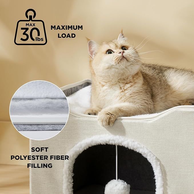 Bedsure Cat House Bed for Indoor Cats with Fluffy Ball and Scratch Pad | Ivory,16.5x16.5x13 in,Large Cat Cave for Multiple Pets,Foldable Cat Hideway Cube for Sleeping Kitten - Image 2