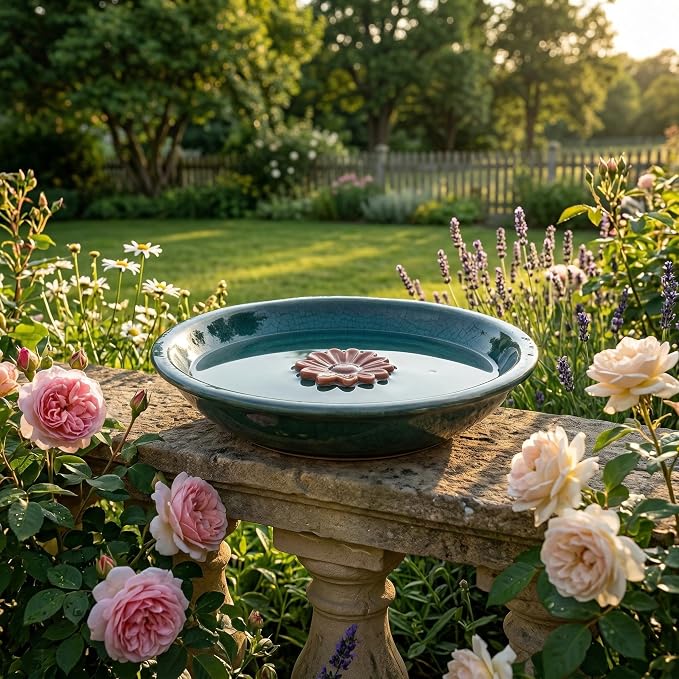 Topadorn 12.2'' Ceramic Birdbath & Birdfeeder for Small Birds Outdoors | 2" Depth Bird Bath Bowl For Vintage Garden Patio Yard Lawn Decor, Blue with Red Flower - Image 7