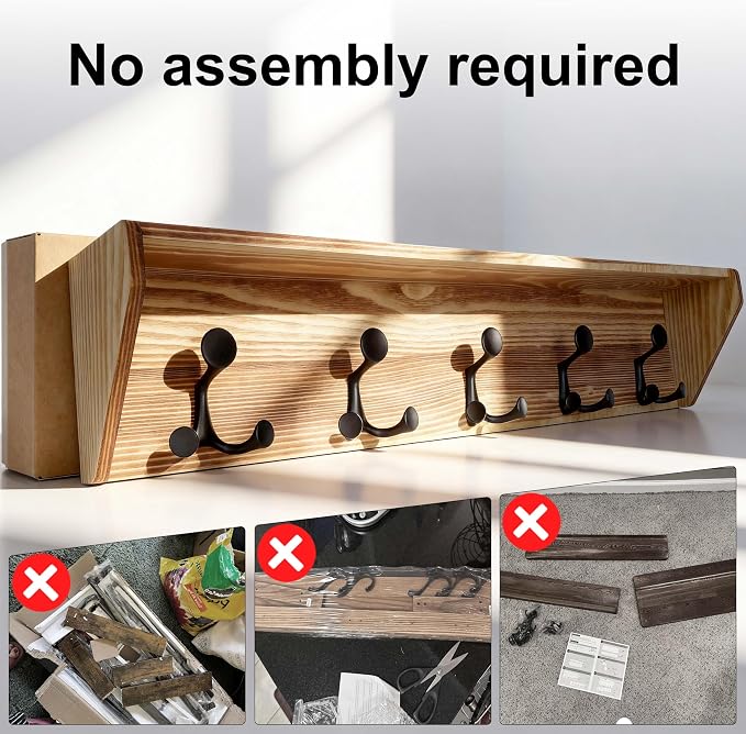 SKOLOO Wall Shelf with Hooks, 35-Inch Coat Rack Wall Mount with Shelf Organizer - Heavy Duty, 5 Tri Hooks - Perfect for Entryway, Hallway, Living Room, Bedroom, Mudroom, Wood Brown & Black - Image 7