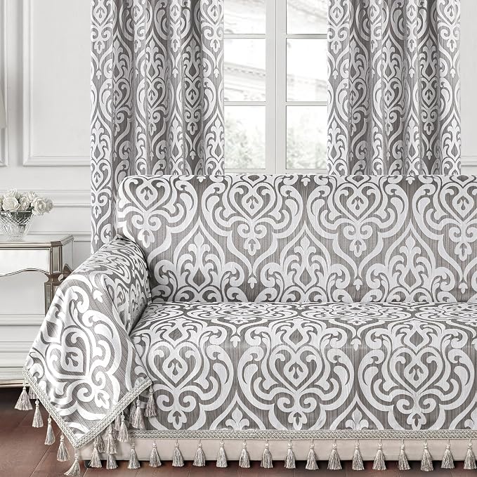 Loom and Mill Modern Damask Sofa Throw Covers, Sliver Gray, 71"x118" | Luxury Couch Cover with Elegant Tassels, Fits 2-3 Cushion Couches & Sectional Sofas, Protects against Dogs, Pets & Daily Wear by LoomandMill