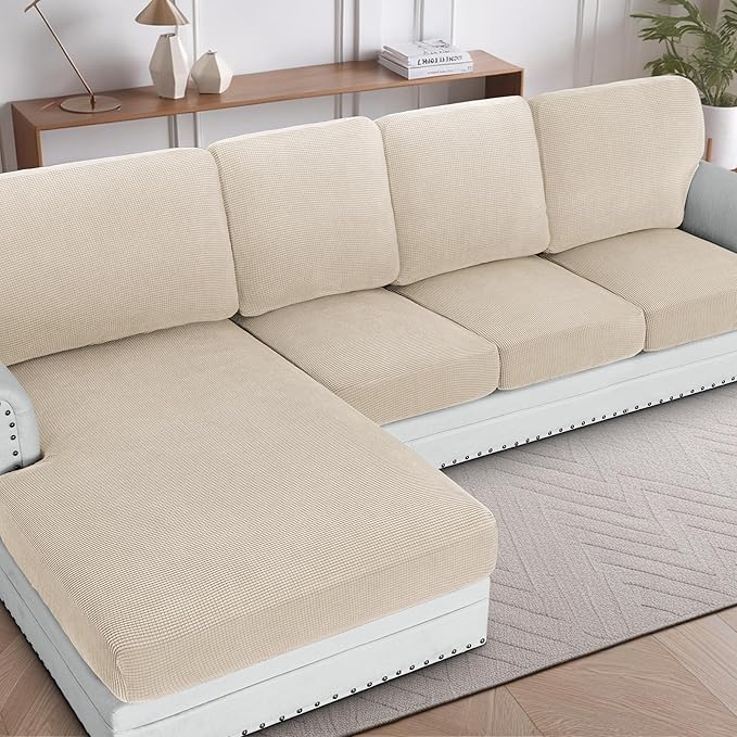H.VERSAILTEX Sectional Couch Covers 4 Pieces Sofa Seat Cushion Covers L Shape Separate Cushion Couch Chaise Cover for Both Left/Right Sectional Couch (Seat Only: 1 Chaise + 3 Sofa, Natural) by HVERSAILTEX