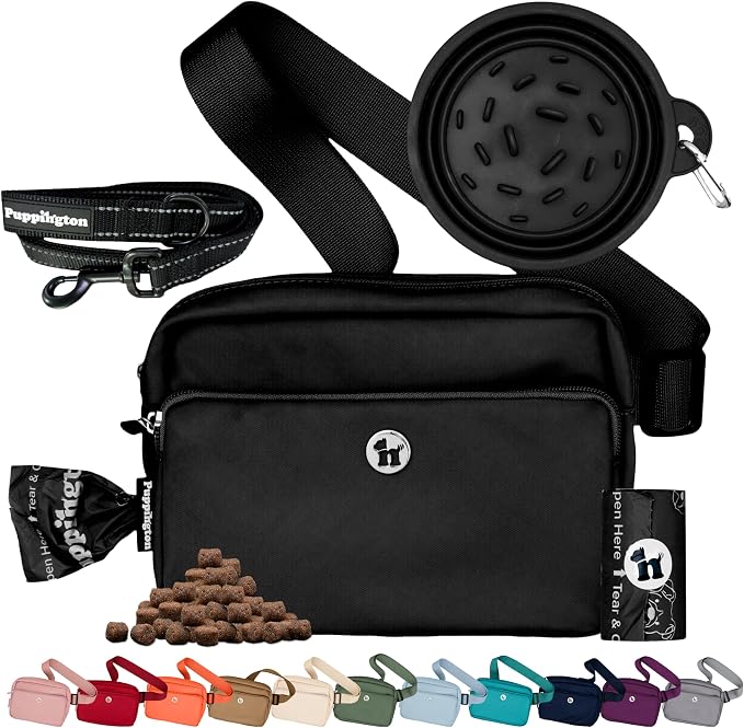 Puppington 3-in-1 Crossbody Dog Treat Pouch for Pet Training - Compostable Poop Bags, Built-In Poop Bag Dispenser, Slow-Feeding Travel Dog Bowl & Reflective Leash - Dog Walking Bag (Onyx Black) by Puppington