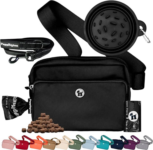 Puppington 3-in-1 Crossbody Dog Treat Pouch for Pet Training - Compostable Poop Bags, Built-In Poop Bag Dispenser, Slow-Feeding Travel Dog Bowl & Reflective Leash - Dog Walking Bag (Onyx Black) by Puppington