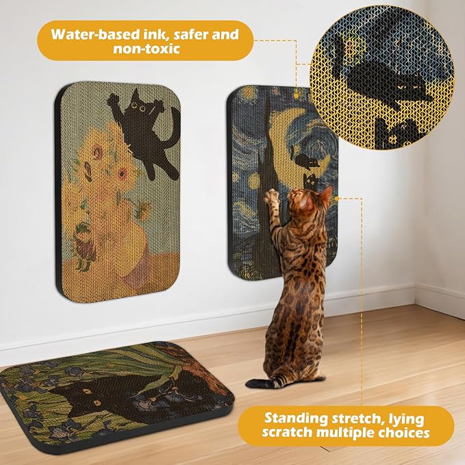 4 Pack Cat Wall Scratcher, Art Cat Scratching Board for Cats | Wall Mounted Cat Scratch Pad, Water-Based Ink, Hook&Loop Strips, Floor or Wall Use, 16.7x11x1 Inch - Image 2