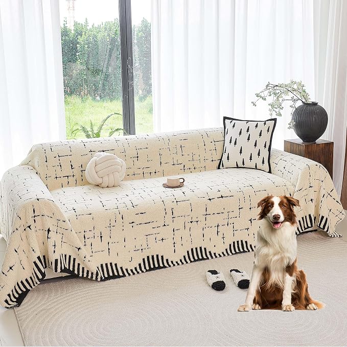 Sherpa Fleece Oversized Couch Cover for 3-4 Cushion Sofa, Beige 71" x 150" - Pet Proof Heavy Duty Scratch Resistant Furniture Cover - Easy Install, Machine Washable by YAJUEHOMETEXTILES