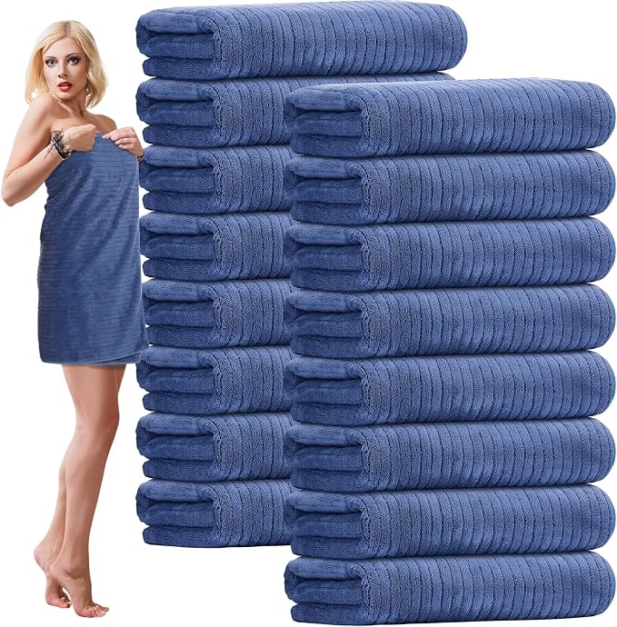 SmoothNovelty 16 Pack Microfiber Bath Towels Bulk 27'' x 60'' Oversized Size Bath Towel Highly Absorbent Extra Large Soft Drying for Beach Shower Summer Salon Sport Gym Party (Stripe,Dark Blue) by SmoothNovelty
