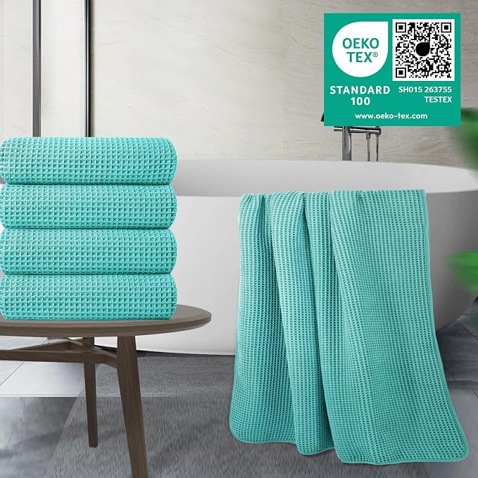 POLYTE 430 GSM Microfiber Oversize Quick Dry Lint Free Bath Towel, 60 x 30 in, 4 Pack (Waffle Weave) - Image 2
