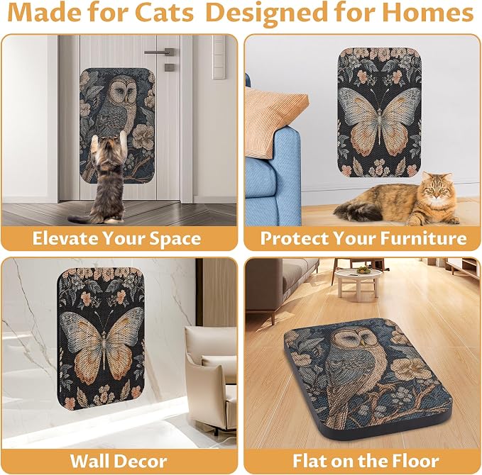 2 Pack Cat Wall Scratcher, Art Cat Scratching Board for Cats | Wall Mounted Cat Scratch Pad, Water-Based Ink, Hook&Loop Strips, Floor or Wall Use, 16.7x11x1 Inch, Owl & Butterfly - Image 5