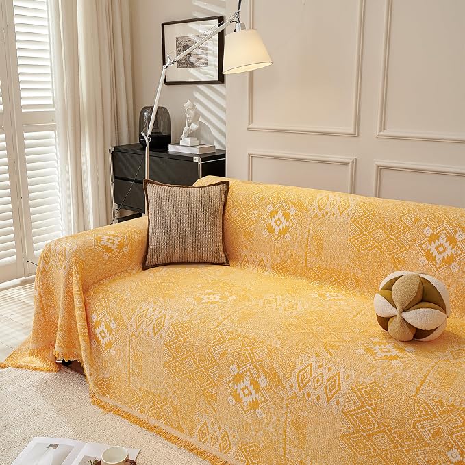 DREAMINGO Couch Cover - Geometric Jacquard, Yellow, Boho Vintage Loveseat Couch Covers for Dogs Washable, Chenille Furniture Protector Sectional Sofa Slipcovers 2 Seater, Large 71"x118" - Image 3
