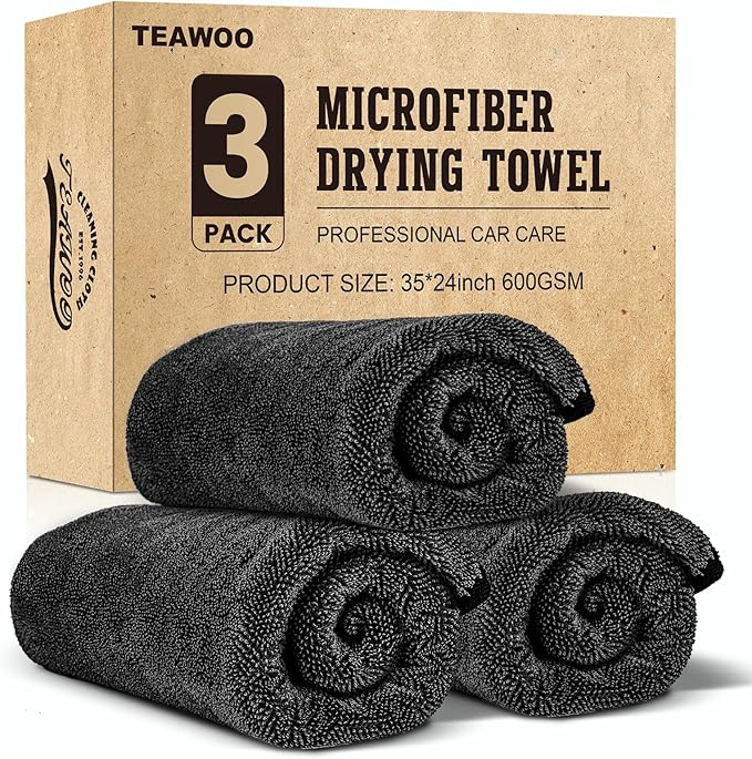 3 Pack Bulk Microfiber Towels for Cars, Microfiber Drying Towel, 35" x 24" | Extra-Large, Ultra-Absorbant Microfiber Drying Towel for Cars and Trucks, Super Absorbent Car Drying Towel, 600GSM by TEAWOO