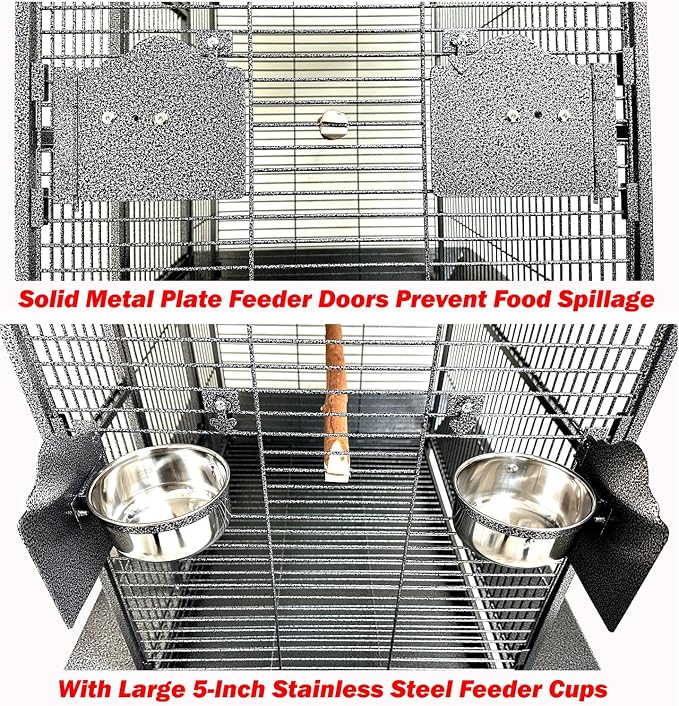 Extra Large Elegant and Durable Wrought Iron Climbing Ladder Perch Stand Play Top Ground Bird Parrot Metal Cage Around Seed Guard Storage Shelf with Heavy Duty Lockable Rolling Wheels - Image 5