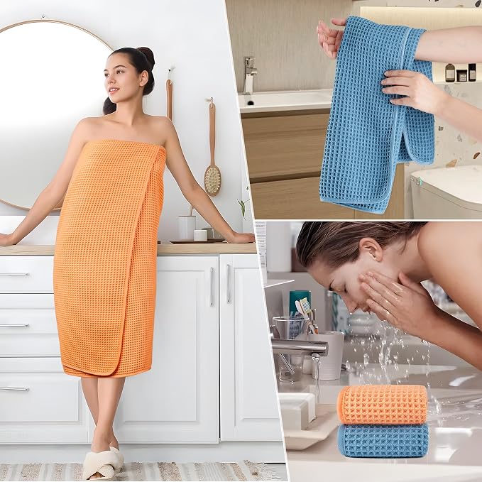 POLYTE 430 GSM Microfiber Quick Dry Lint Free Oversize Bath Towel Set, 6 Piece (Waffle Weave) - Image 6