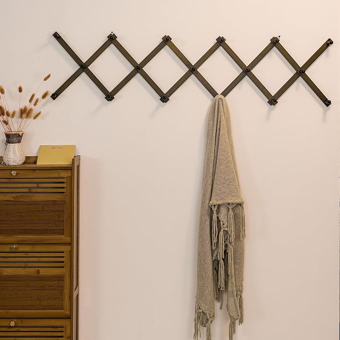 SKOLOO Hat Rack for Wall with 17 Hooks, Solid Wooden, Modern, Expandable Coat Rack Wall Mount for Coats, Hats, Bags, Baseball Caps, Dark Walnut Color - Image 2