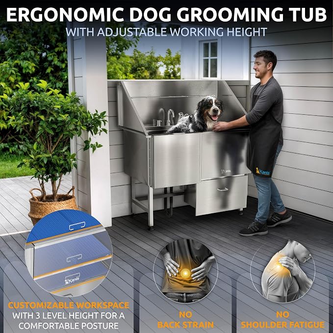 KANIS Professional Dog Washing Station 304 Stainless Steel Pet Wash Sink | Grooming Bathtub w/Shower, Floor Grates and Storage for Large, Medium & Small Pets (Silver, 50 Inches, Left Ramp, 1 Drawer) - Image 5