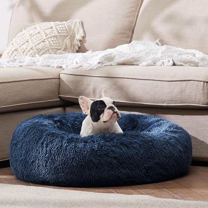Bedsure Calming Small Dog Bed Donut Washable Cat＆Puppy Bed,23 inches Navy | Fluffy Faux Fur Round Cuddler,Machine Washable,Anti-Slip Bottom,Anti-Anxiety,Deep Sleeping for Large Cat & Pets Up to 25 Lbs - Image 4