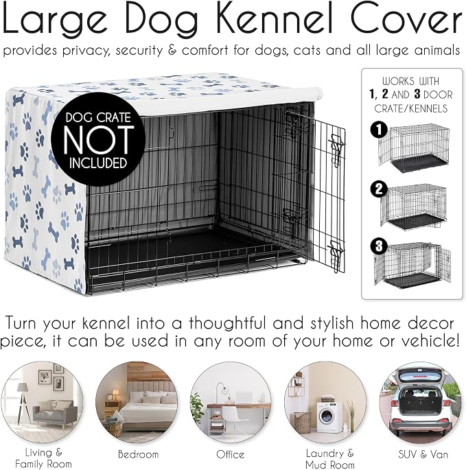 Sweet Jojo Designs 42in. Medium/Large Dog Crate Cover (Bones and Paw Prints) for Boys Pet Cage, Kennel Covers (Modern, Cartoon, Doggy, Puppy, Neutral, Paws Print, Whimsical, Playful, Slate Navy Blue) - Image 4