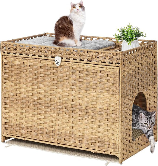 Cat Litter Box Enclosure with Door, Hidden Cat Washroom Furniture | Handwoven PP Wicker; Soft Litter Mat Included; Spacious Interior; Furniture-Style Design; Indoor Home Décor by Catlitterboxenclosure