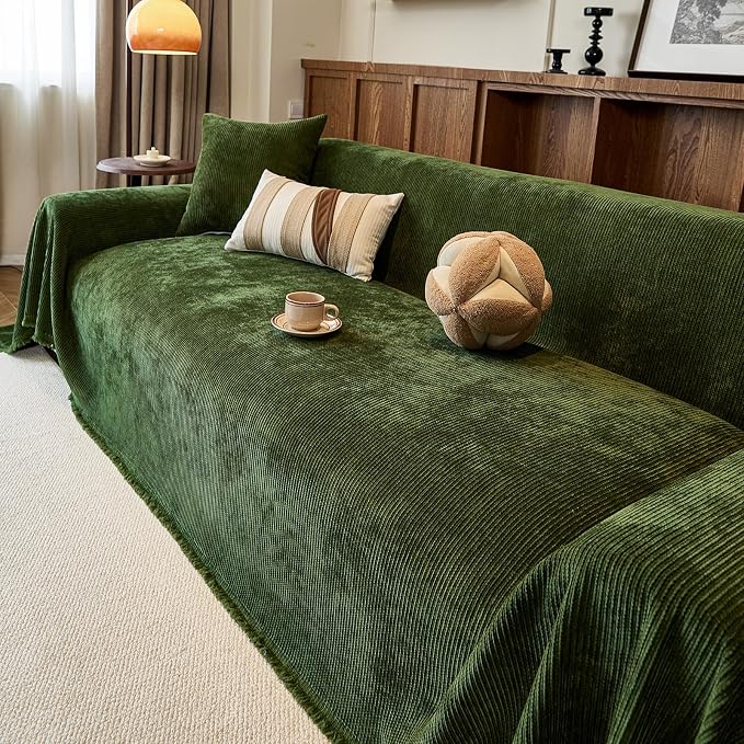 VClife Vintage Olive Green Striped Couch Cover with Tassel, 71" X 134" | Soft Thick Chenille Couch Covers for 3 Cushion Couch Sofa, Washable Sofa Covers for Sectional Sofa, Fade & Shrink Resistant - Image 4