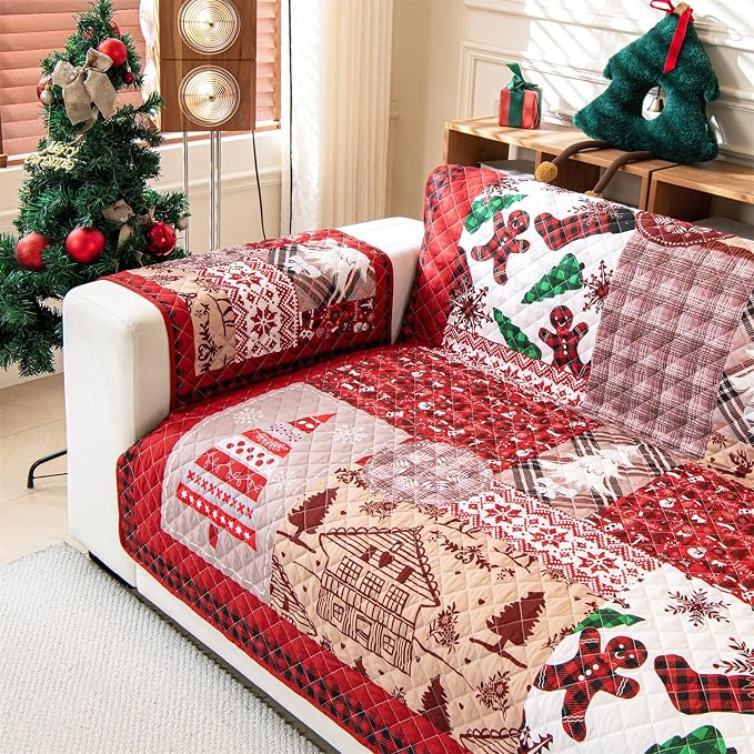 Cmfshape Christmas Skidproof Sofa Cover-Festival Sofa Slipcover with Elastic Straps-Easy Fit Slip Cover-Patchwork Washable Furniture Protector for Pets and Kids(Sofa,Red) - Image 8